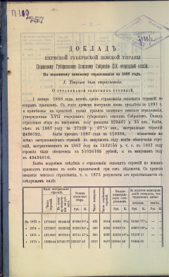 Доклад Пермской Губернской Земской Управы Пермскому Губернскому Земскому Собранию XIX очередной сессии. По взаимному земскому страхованию за 1888 год.